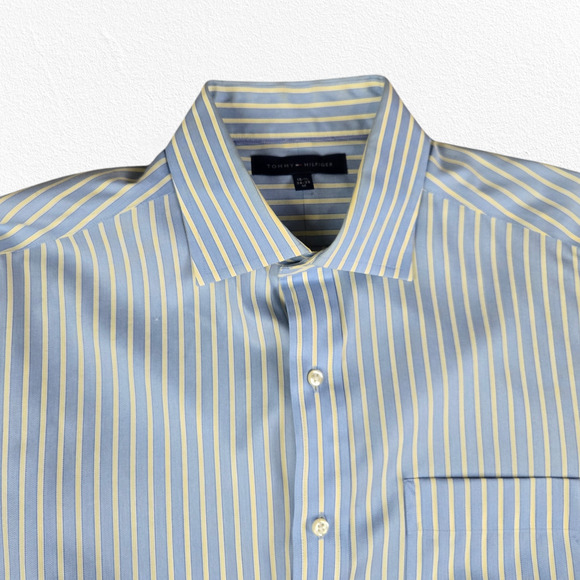 Tommy Hilfiger Blue Yellow Striped Button Up Classic Dress Shirt Size Medium - Picture 2 of 11